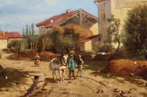fig 2. A 19th-century oil painting depicting a French rural village landscape with figures, a pack horse, and stone farm buildings under a pale blue sky.