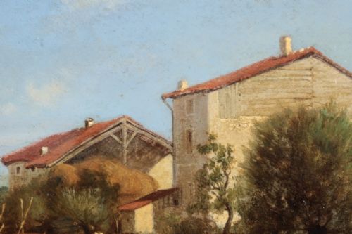 fig 3. A 19th-century oil painting depicting a French rural village landscape with figures, a pack horse, and stone farm buildings under a pale blue sky.