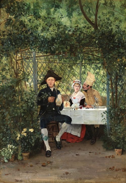 fig 1. An oil painting by Edmund Alphonse Andre depicting figures in 18th-century dress dining under a leafy garden arbor, presented in an ornate gilt wood frame.