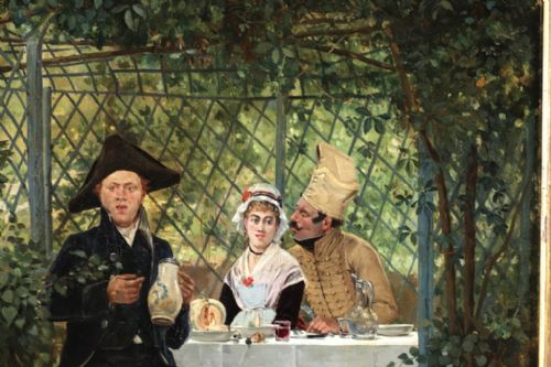 fig 2. An oil painting by Edmund Alphonse Andre depicting figures in 18th-century dress dining under a leafy garden arbor, presented in an ornate gilt wood frame.