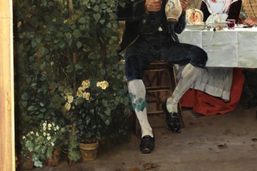 fig 3. An oil painting by Edmund Alphonse Andre depicting figures in 18th-century dress dining under a leafy garden arbor, presented in an ornate gilt wood frame.