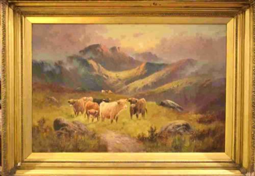 Large C W Oswald Highland Cattle Oil Painting