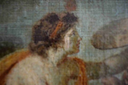 fig 1. An eighteenth-century oil painting on canvas depicting a classical figure draped in yellow fabric holding an artist palette alongside two cherubs.