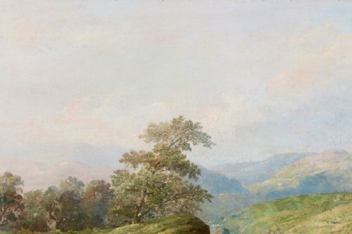 fig 2. A 19th-century oil painting on canvas depicting a rocky mountain stream cascading through green moorland under a pale blue sky.