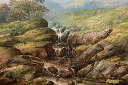 fig 3. A 19th-century oil painting on canvas depicting a rocky mountain stream cascading through green moorland under a pale blue sky.