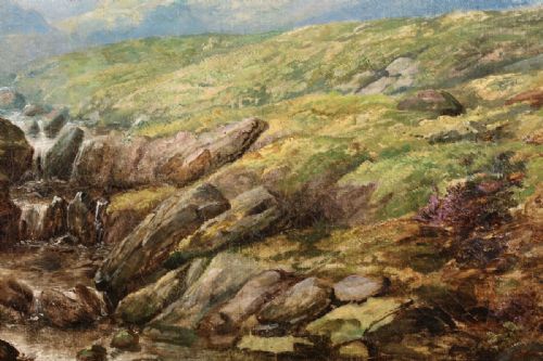 fig 4. A 19th-century oil painting on canvas depicting a rocky mountain stream cascading through green moorland under a pale blue sky.