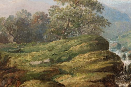 fig 5. A 19th-century oil painting on canvas depicting a rocky mountain stream cascading through green moorland under a pale blue sky.