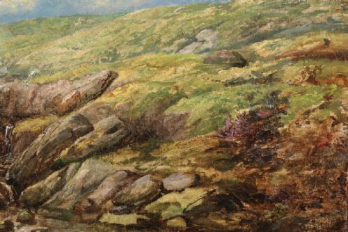 fig 6. A 19th-century oil painting on canvas depicting a rocky mountain stream cascading through green moorland under a pale blue sky.