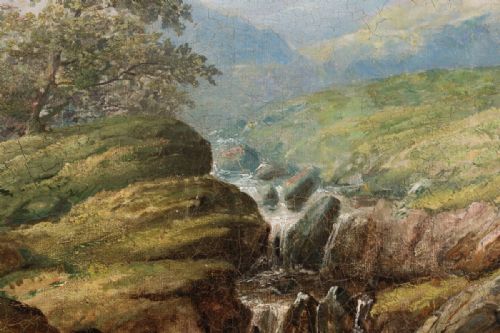 fig 7. A 19th-century oil painting on canvas depicting a rocky mountain stream cascading through green moorland under a pale blue sky.