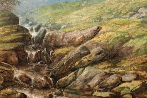 fig 8. A 19th-century oil painting on canvas depicting a rocky mountain stream cascading through green moorland under a pale blue sky.