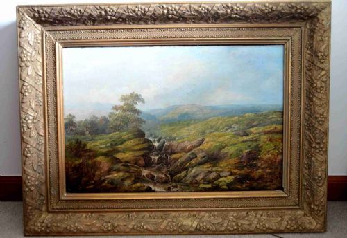 fig 1. A 19th-century oil painting on canvas depicting a rocky mountain stream cascading through green moorland under a pale blue sky.