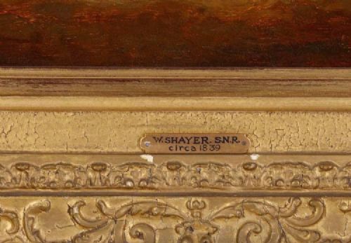 fig 4. An antique 19th-century oil painting depicting fishermen and a working horse alongside sailing boats on a shoreline, housed within a deeply carved gold gilded frame.