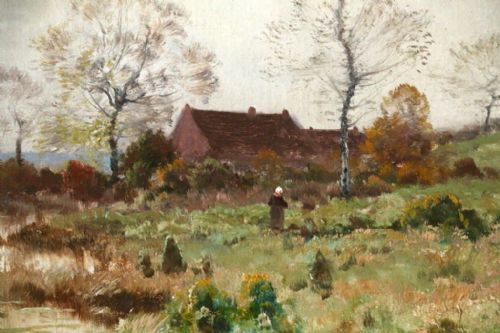 fig 2. A 19th-century French landscape oil painting depicting a calm river, bare trees, and a small cottage under an overcast sky.
