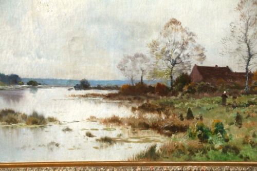 fig 3. A 19th-century French landscape oil painting depicting a calm river, bare trees, and a small cottage under an overcast sky.