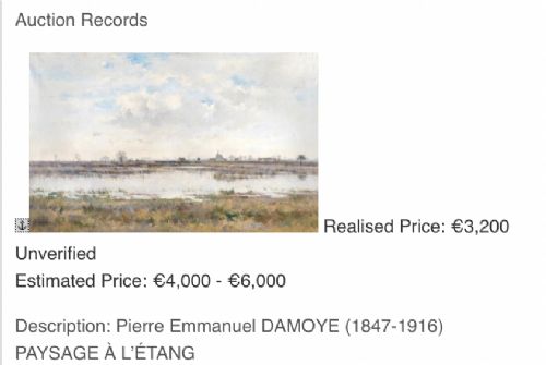fig 5. A 19th-century French landscape oil painting depicting a calm river, bare trees, and a small cottage under an overcast sky.