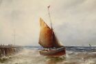 fig 1. A 19th-century oil painting depicting a sailing boat navigating choppy coastal waters beside a pier under an overcast sky.