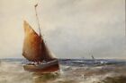 fig 2. A 19th-century oil painting depicting a sailing boat navigating choppy coastal waters beside a pier under an overcast sky.