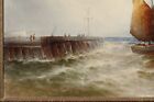 fig 3. A 19th-century oil painting depicting a sailing boat navigating choppy coastal waters beside a pier under an overcast sky.