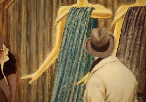 fig 1. A framed French oil painting depicting figures gazing into a lit shop window featuring mannequins dressed in modern attire.