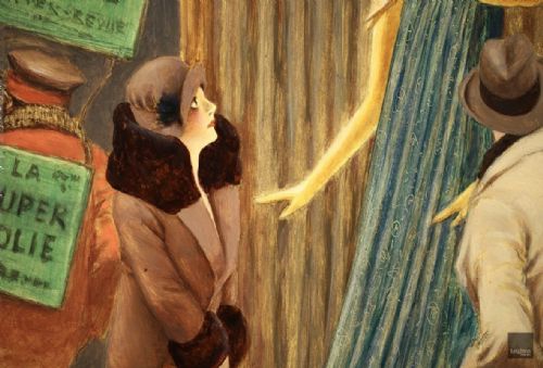fig 2. A framed French oil painting depicting figures gazing into a lit shop window featuring mannequins dressed in modern attire.