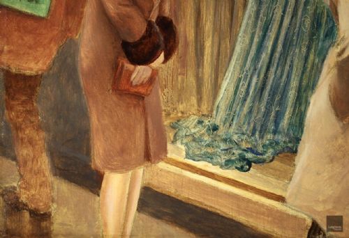 fig 3. A framed French oil painting depicting figures gazing into a lit shop window featuring mannequins dressed in modern attire.