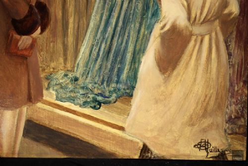 fig 4. A framed French oil painting depicting figures gazing into a lit shop window featuring mannequins dressed in modern attire.