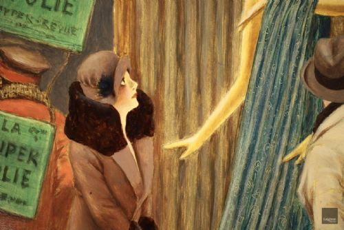 fig 5. A framed French oil painting depicting figures gazing into a lit shop window featuring mannequins dressed in modern attire.