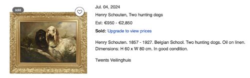 fig 10. An antique oil painting by Henri Schouten depicts two hunting dogs standing in an open landscape under a light cloudy sky inside a gilded frame.