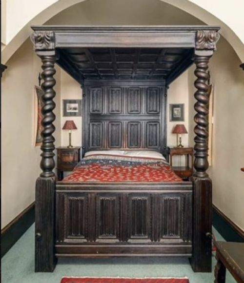Jacobean Style Dark Stained Mahogany Four Poster Bed.