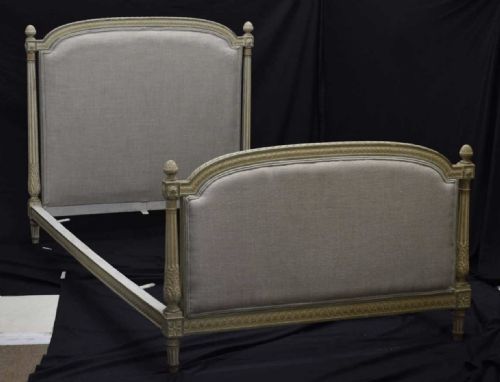 PAIR OF FRENCH LOUIS XVI STYLE CARVED AND PAINTED AND UPHOLSTERED BEDSTEADS - ADDITIONAL PHOTO 5