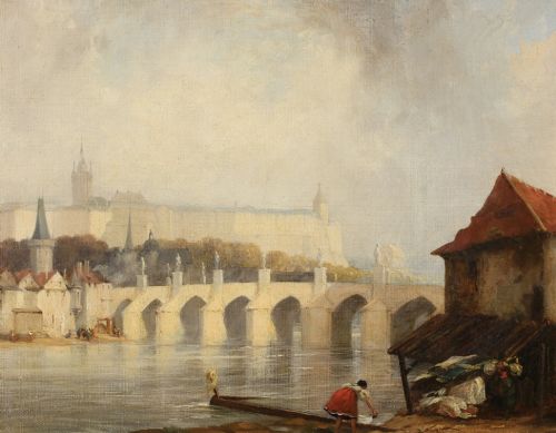 fig 1. An 1830s English oil painting depicting the Charles Bridge and Prague Castle across a river, set within a gilded fluted frame.