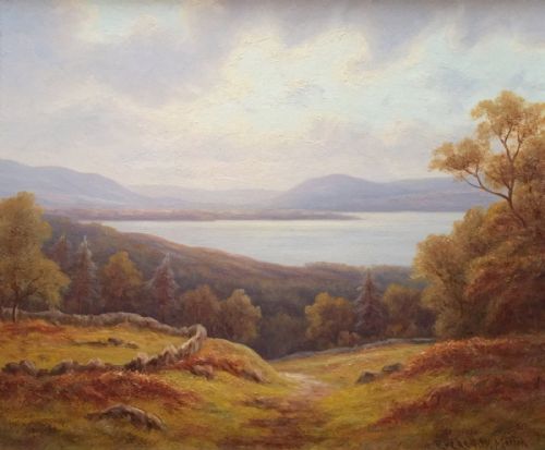 fig 1. An antique framed oil painting depicting a scenic view of Loch Lomond within a deep gilded frame.