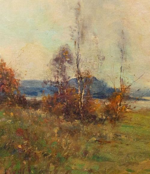 fig 1. An antique Scottish Impressionist oil painting depicting silver birch trees and an open countryside landscape leading toward a distant loch under a soft sky.