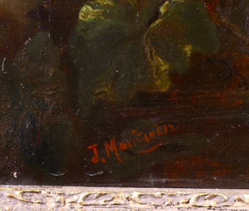 fig 1. An oil painting featuring four figures in late nineteenth-century attire gathered around a balcony with a wrought iron railing, presented in an ornate gilded frame.