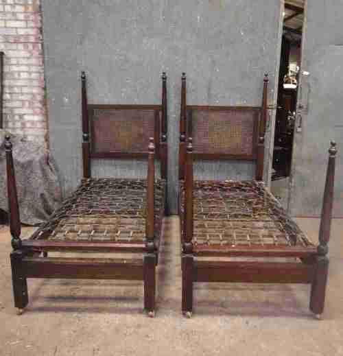 Pr of Oak Bergere Four Poster Single Beds
