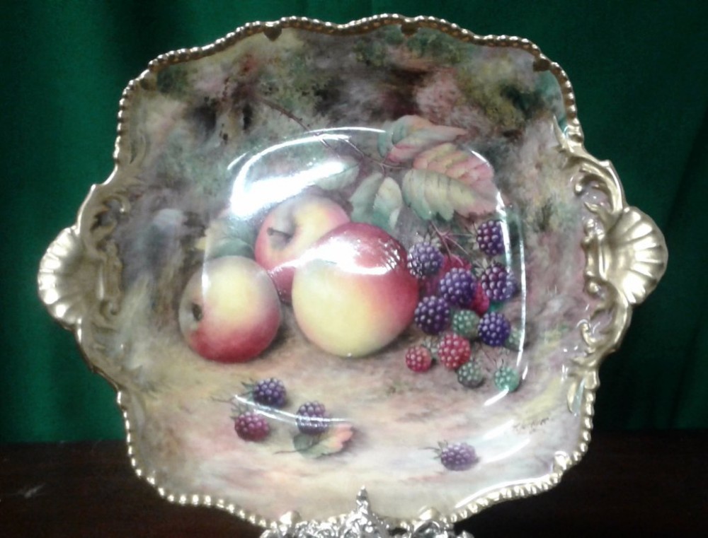 Royal Worcester fruits, rope edged bowl signed T. Lockyer.