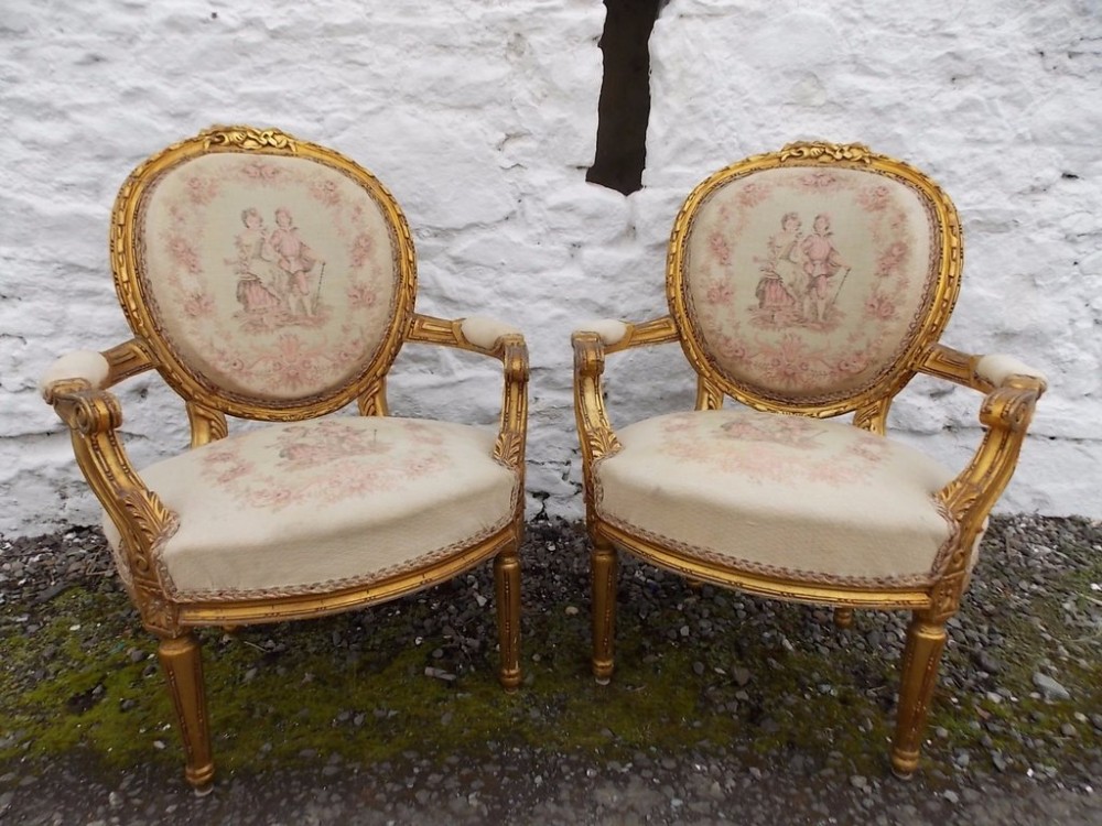Good Pr of wide seated 19th century French Gilt wood Salon Chairs