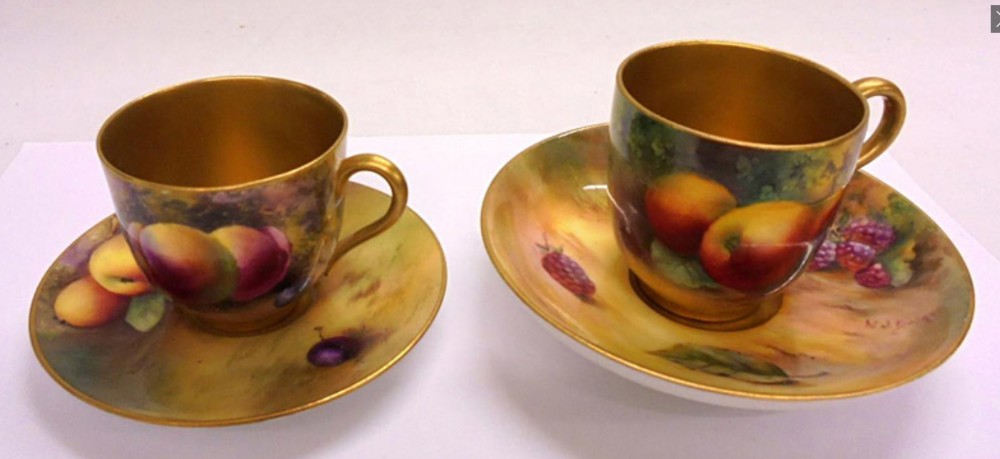 2 Royal Worcester Demi Tasse Cups & Saucers. (Fallen fruits)