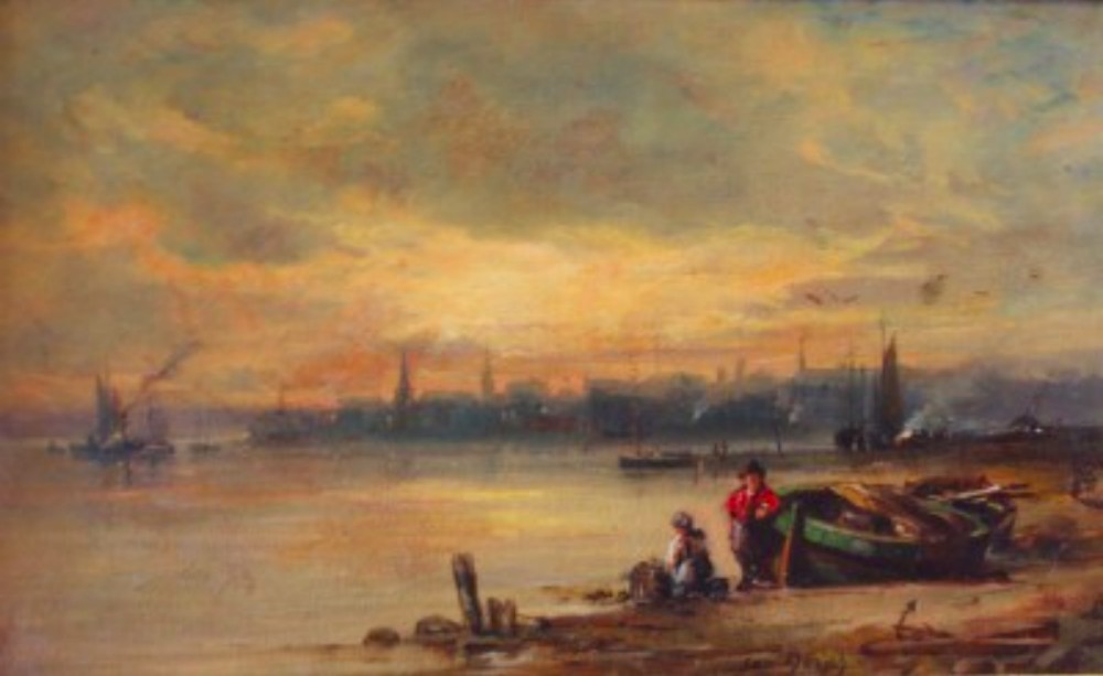 An oil painting depicting a sunset over a coastal harbour with figures and boats along the shore, painted in warm ochre and golden hues.