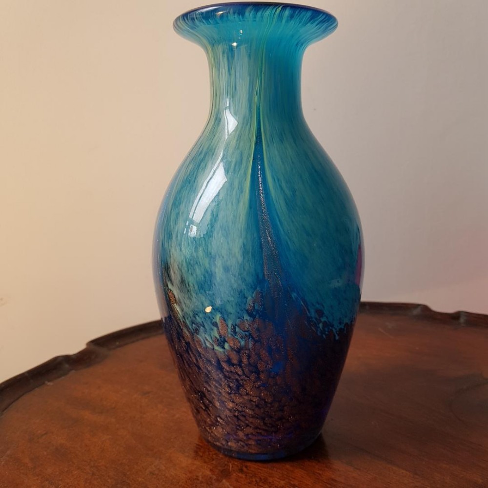 Monart Vase (Scottish) Two-tone blue with gold flecks.