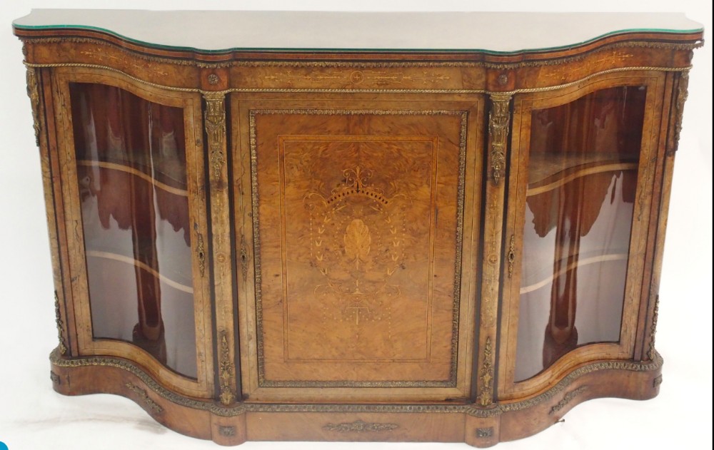 A Large Victorian Burr walnut and marquetry serpentine credenza 