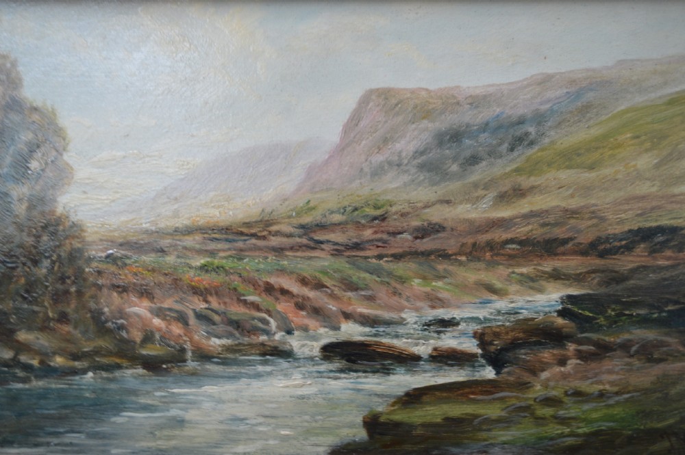 A Victorian landscape oil painting depicting a rocky mountain river scene enclosed within an ornate gilt wood frame. View IV