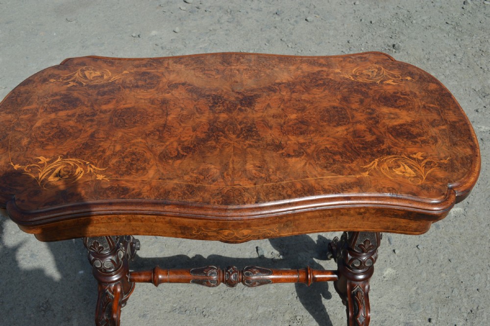 Victorian Burr walnut inlaid stretcher foldover games table  View II