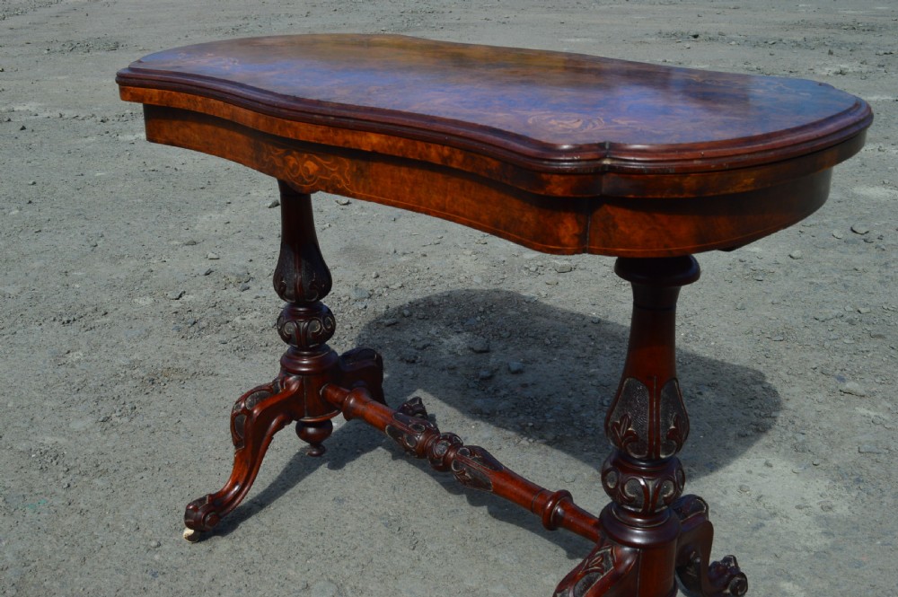 Victorian Burr walnut inlaid stretcher foldover games table  View III