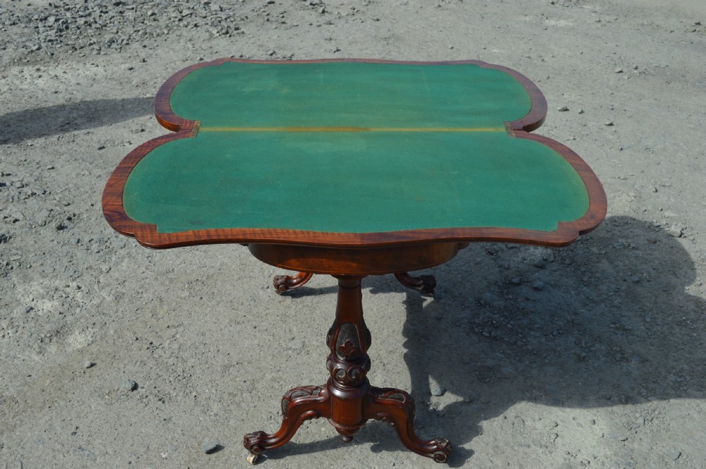 Victorian Burr walnut inlaid stretcher foldover games table  View V