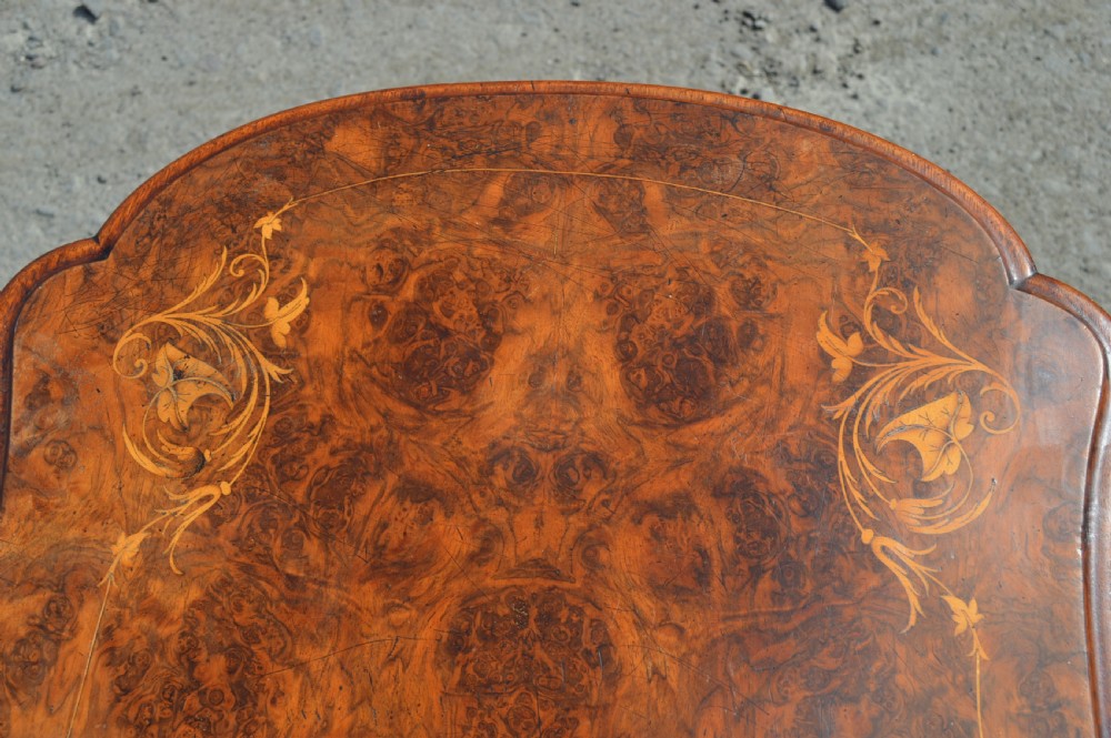 Victorian Burr walnut inlaid stretcher foldover games table  View VI