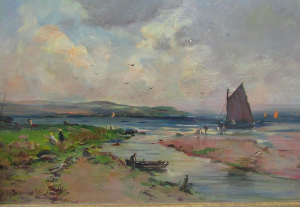 An oil painting depicting a coastal shoreline scene with figures, small boats, a dark-sailed vessel, and low hills under a cloudy sky.