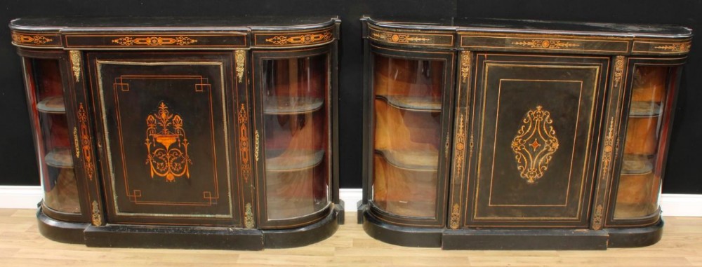 A near pair of Victorian ebonised and marquetry credenzas, 