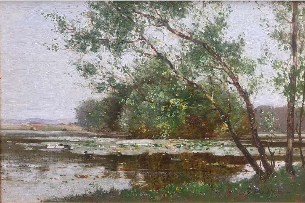 An impressionistic oil painting depicting a calm lake framed by overhanging willow trees with ducks floating on water lily pads.