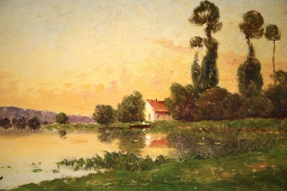 An impressionist oil painting depicting a cottage beside a calm river with tall poplar trees against a warm sunset sky.